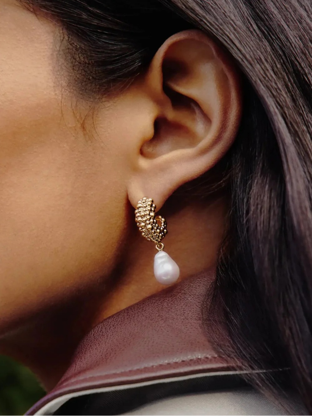 Missoma Gold Textured Hoop Earrings with White Pearl Drops